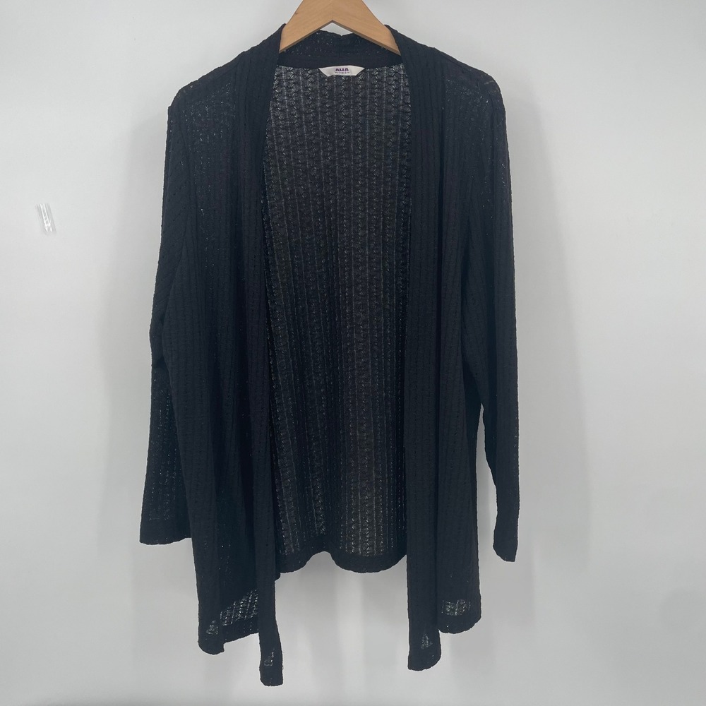 Alia Black Open Front Cardigan Textured Pointelle Knit Long Sleeve Layering